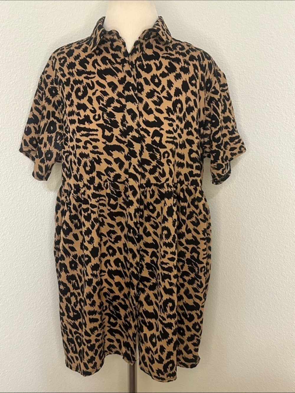 Missguided Tan and Black Leopard Print Short Sleeve Dress 4 6 8 see measurements